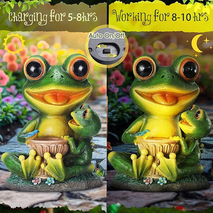 Roowest Solar Garden Statue Frog with Bird Bath, Mother & Child Frog Outdoor Decor with LED Light, Waterproof Resin Yard Ornament, Cute Frogs Gift for Mom Grandma Women, Patio Lawn Balcony Decoration