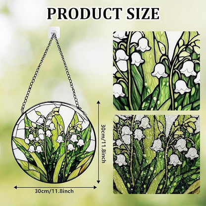 Stained Glass Window Hanging, Lily of The Valley Flower Diamond Glass Panel Suncatcher Green Plant Sun Catchers for Home Garden Balcony Window Decor, Plant Lover Gifts (11.8 Inch)