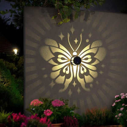 Hapjoy Solar Fence Lights 4 Pack Solar Deck Lamps Outdoor Decorations Powered Step Lights Wall Waterproof LED Warm Decorative Lighting for Garden (Butterfly-Star, 4)