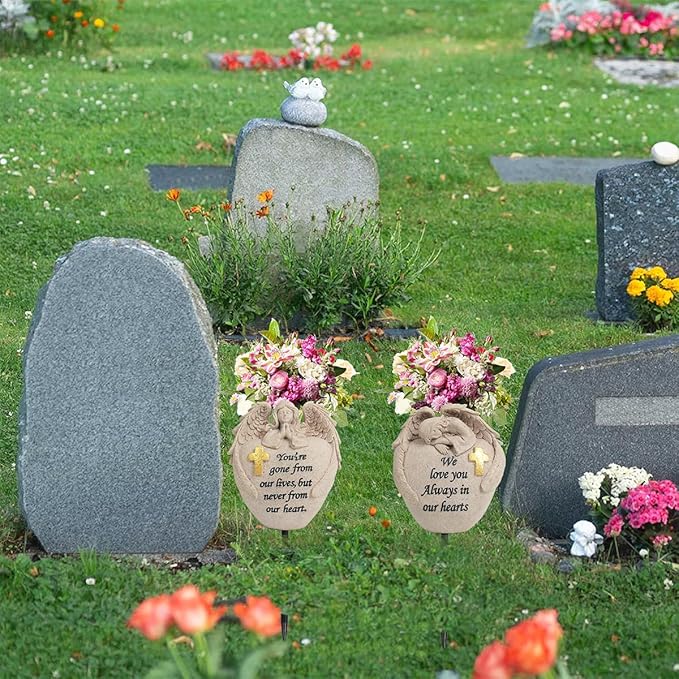 Angel and Cross Cemetery Cemetery Memorial Vase, Cemetery Flower Grave,2-Piece Angel Cemetery vase with Iron Spikes,Garden Decoration， Memorial Gift for Lost Love (3 Granite)