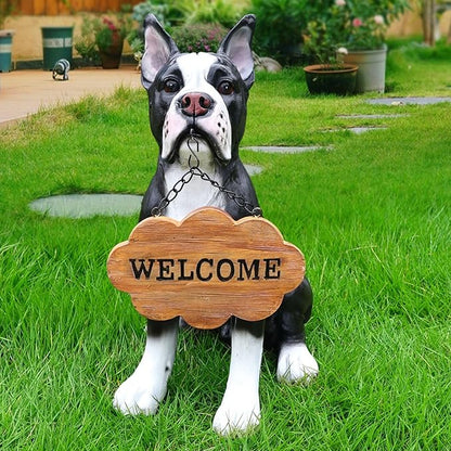 Outdoor Boston Terrier Dog Statue with Interchangeable Welcome Sign and Detachable Solar Lantern –LED Light Garden Dog Sculpture Décor, Cute Puppy Design for Yard, Porch, Gift
