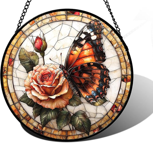 DASTOLL Stained Glass Window Hanging, Butterfly Picking Flowers Suncatcher for Doors Home Sun Catchers Decoration and Christmas, Mother's Day Birthday Gifts for Women, Men, and Mom 6.3 in