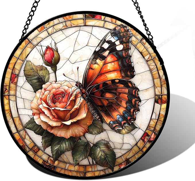 DASTOLL Stained Glass Window Hanging, Butterfly Picking Flowers Suncatcher for Doors Home Sun Catchers Decoration and Christmas, Mother's Day Birthday Gifts for Women, Men, and Mom 9.8 in