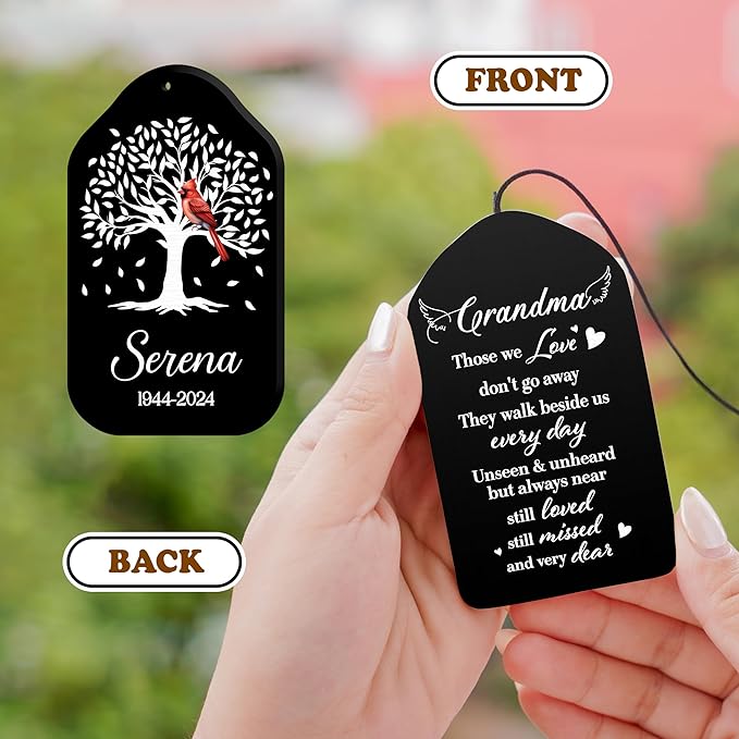 Personalized Grandma Cardinal Memorial Crystal Wind Chimes Remembrance Sympathy Ornament Keepsake in Memory of Grandma Nana Nini Grammy Gigi Custom Name Bereavement Condolence Gift Outdoor Hanging