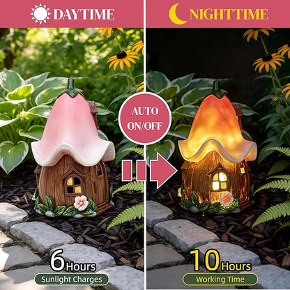 Solar Fairy Garden House, Whimsical Flower Cottage Fairy Figurines with Automatic Solar Lights, Hand-Painted Resin Garden Statue Unique Gift for Outdoor, Patio, Yard Art, Balcony, Porch Decor