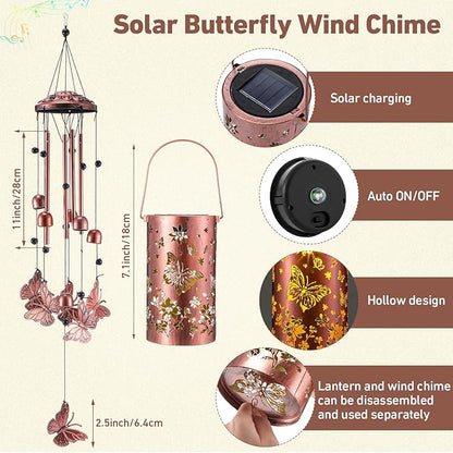 Retisee Butterfly Solar Wind Chimes Outdoor Metal Butterfly Gifts Solar Light Windchimes Outside Indoors Christmas Decoration Birthday Gift for Home Lawn Porch Patio Garden Yard