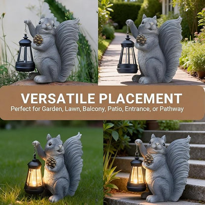 Solar Squirrel Garden Statue Outdoor Decor, Squirrel Sculpture with Lantern for Yard Lawn Patio Balcony, Birthday Housewarming Gifts for Mom, Grandma, Women, Resin, Grey