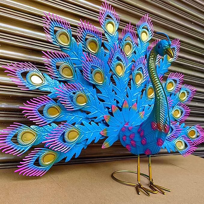 Vintage Wrought Iron Peacock Garden Statue - Weather- Metal Art for Yard,Porch or Patio,Hand-Painted Rustic Outdoor Decoration