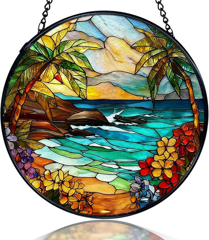 kdqua Tropical Beach Suncatcher Stained Glass Window Hanging, Coastal Ocean Beach Sun Catchers Indoor Window Glass Round Wall Decor, Beachy Wall Art Hanging Decorations Statues, 7.9x7.9in