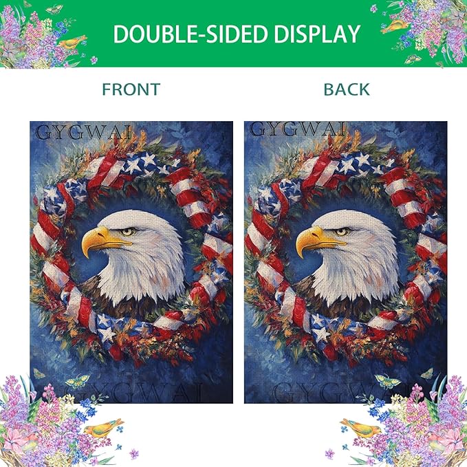 Patriotic Bald Eagle House Flag 28x40 Inch Double Sided Burlap American Flag Wreath Outdoor Yard Decor for 4th of July, Veterans Day, Memorial Day