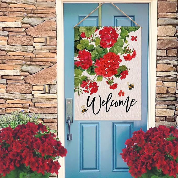 Welcome Summer Geranium Decorative House Flag, Spring Red Floral Flowers Bee Garden Yard Outside Decorations, Farmhouse Outdoor Large Home Decor Double Sided 28 x 40