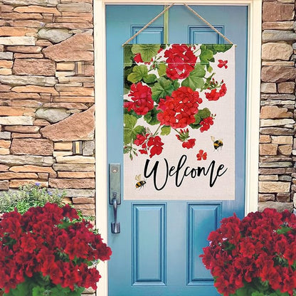Welcome Summer Geranium Decorative House Flag, Spring Red Floral Flowers Bee Garden Yard Outside Decorations, Farmhouse Outdoor Large Home Decor Double Sided 28 x 40