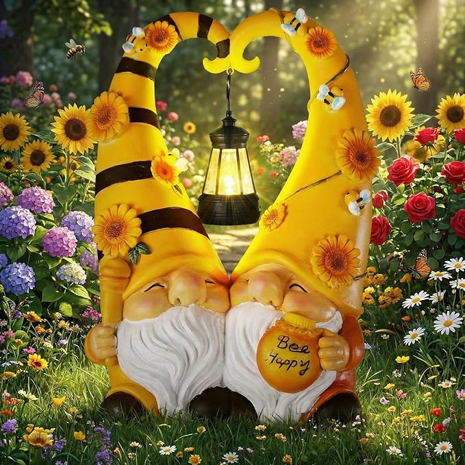 Kathfly Solar Spring Gnome Statue 11.8 Inches Garden Resin Sunflower Bee Gnome Statue with Solar Lights Double Cute Gnomes Statues for Mother' Day Birthday Gift Yard Patio Lawn Porch Decor
