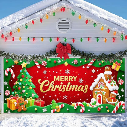 IVN Candy Cane Gingerbread Christmas Scene Garage door banner Door Cover Indoor And Outdoor Studio Background Hanging Decoration 13x6ft