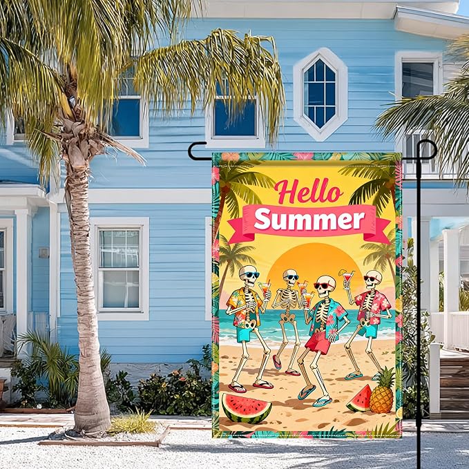 BlissYard Hello Summer Skeleton Garden Flag 12x18 Double Sided Vertical Outdoor Decor Tropical Beach Skull Banner Colorful Vacation Yard Garden Lawn Welcome Display