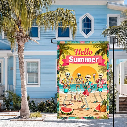 BlissYard Hello Summer Skeleton Garden Flag 12x18 Double Sided Vertical Outdoor Decor Tropical Beach Skull Banner Colorful Vacation Yard Garden Lawn Welcome Display