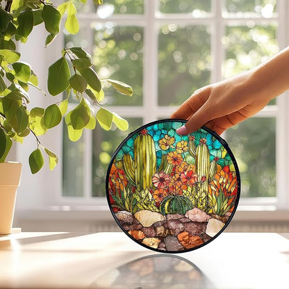 Western Cactus Suncatchers Stained Glass Window Hanging, Southwestern Cactus Landscape Sun Catchers Indoor Window Glass Round Wall Decor, Western Wall Hanging Decorations, 7.9x7.9in