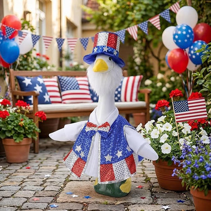 3 Pcs/Set 4th of July Porch Goose Outfit, 23" High Lawn Goose Patriotic Costume Clothing, Independence Day Garden Geese Clothes Sequins Waistcoat Shirt with Top Hat for Outdoor Patio Yard Decoration