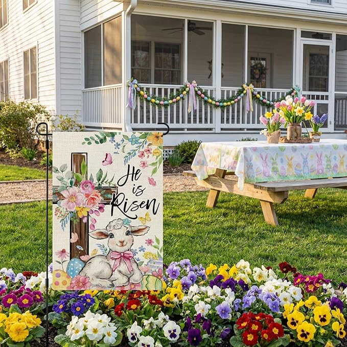CROWNED BEAUTY Easter Garden Flag He is Risen Cross 12x18 Inch Double Sided Floral Holiday Decoration for Outdoor Lawn Yard