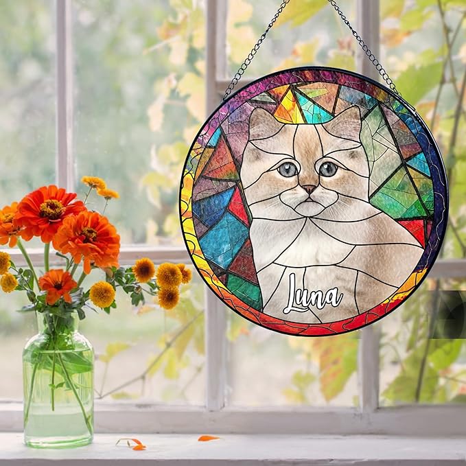 NAZENTI Personalized Cat Stained Glass Suncatcher, Memorial Keepsake Remembrance Gift for Fur Lovers, Custom Name Pet Photo Ornament Window Hanging, Home Decor, Sympathy Gift for Loss of Cat