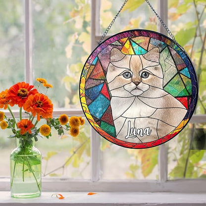 NAZENTI Personalized Cat Stained Glass Suncatcher, Memorial Keepsake Remembrance Gift for Fur Lovers, Custom Name Pet Photo Ornament Window Hanging, Home Decor, Sympathy Gift for Loss of Cat