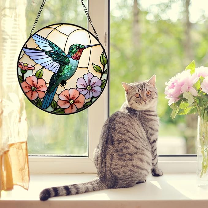 Hummingbird Stained Glass Suncather for Window Hanging, 6.3'' Hummingbird Ornament Gift for Women, Nature-Inspired Wall Art Home Decor Gifts for Mom, Grandma (Green Bird, 6.3'')