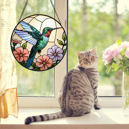 Hummingbird Stained Glass Suncather for Window Hanging, 9'' Hummingbird Ornament Gift for Women, Nature-Inspired Wall Art Home Decor Gifts for Mom, Grandma (Green Bird, 9'')
