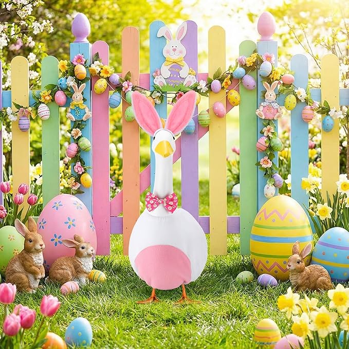 Abbylike 1 Set Easter Bunny Porch Goose Outfits Easter Yard Goose Clothes Costume with Bunny Ears Headband Fits Large 23'' Cement for Spring Outdoor Garden Yard Patio Statue Pathway Art Decorations