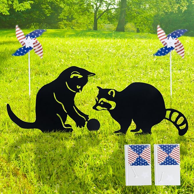 Decorative Garden Stakes, Animal Silhouette Set of 2-12 Inch Rust-Resistant Metal Cat & Raccoon Decor for Outdoor Yard and Lawn