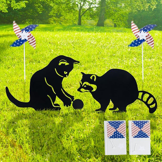 Decorative Garden Stakes, Animal Silhouette Set of 2-12 Inch Rust-Resistant Metal Cat & Raccoon Decor for Outdoor Yard and Lawn