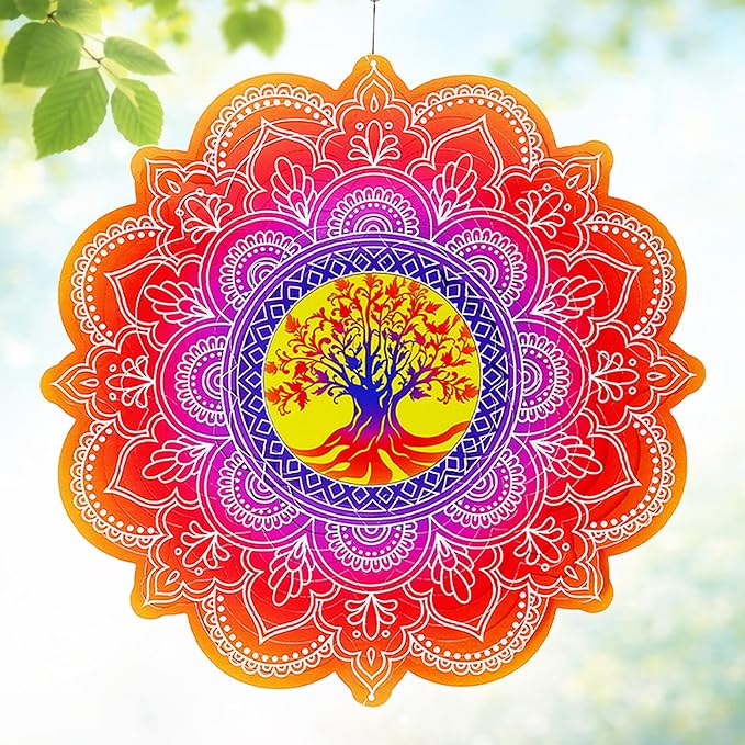Hanging Wind Spinner 12 Inch, Tree of Life 3D Stainless Steel Wind Spinner, Garden Yard Patio Decor, Indoor Window Wall Art for Meditation, Mindfulness, Breathwork, Calming Gift