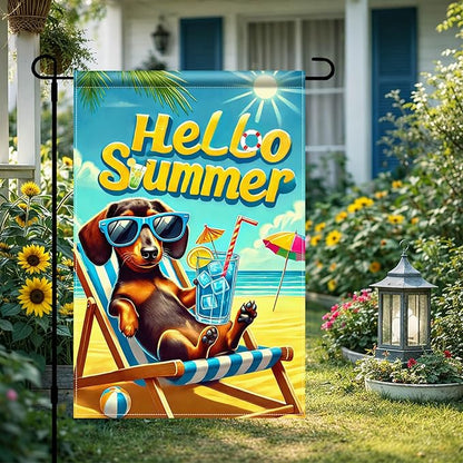 HOMETITUTE Hello Summer Garden Flag Dachshund Dog Flag 12x18 Inch Double Sided Summer Dachshund Garden Flag Sea Beach Seasonal Yard Flag for Outside Decoration Small Seasonal Decor for Farmhouse Holiday
