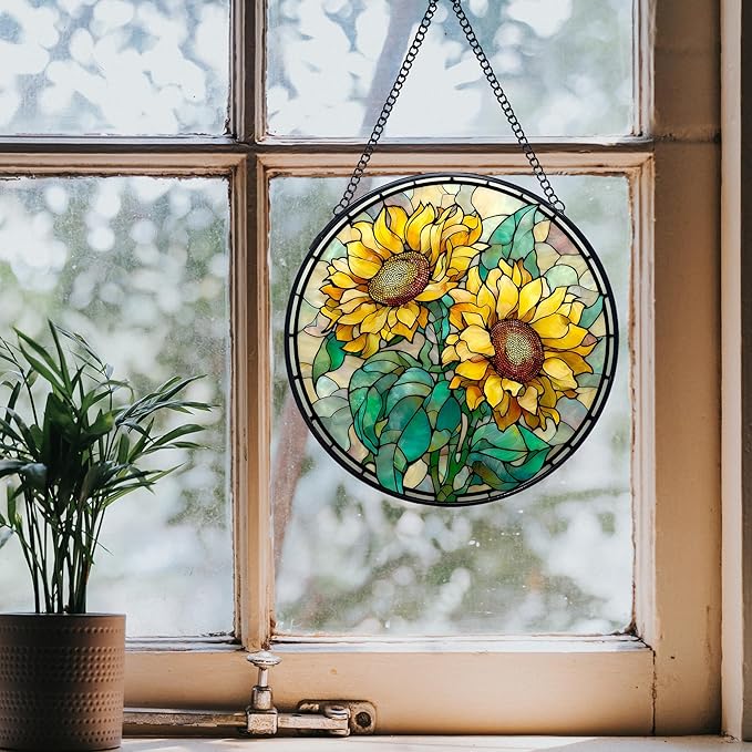 Sunflower Stained Glass Window Hanging Suncatchers, Sunflower Flower Sun Catchers Indoor Window Glass Wall Art Decor, Floral Wall Hanging Decorations Sculptures, 7.9x7.9in