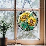 Sunflower Stained Glass Window Hanging Suncatchers, Sunflower Flower Sun Catchers Indoor Window Glass Wall Art Decor, Floral Wall Hanging Decorations Sculptures, 7.9x7.9in