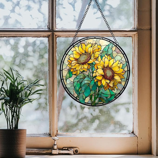 Sunflower Stained Glass Window Hanging Suncatchers, Sunflower Flower Sun Catchers Indoor Window Glass Wall Art Decor, Floral Wall Hanging Decorations Sculptures, 7.9x7.9in