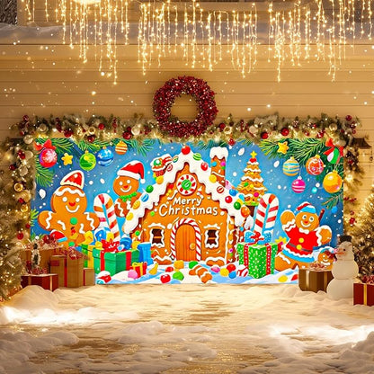 IVN Merry Christmas Garage Door Banner 13x6ft Festive Backdrop Gingerbread House Photo Prop Background for Joyful Holiday Yard Door Cover Background Outdoor Winter Scene