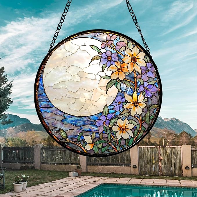 Stained Glass Window Hanging - White Purple Moon Flowers Suncatcher for Door Terrace Garden Home Decor Landscape Sun Catcher Birthday Gifts for Lovers Women Men Dad Mom Nana 15 in