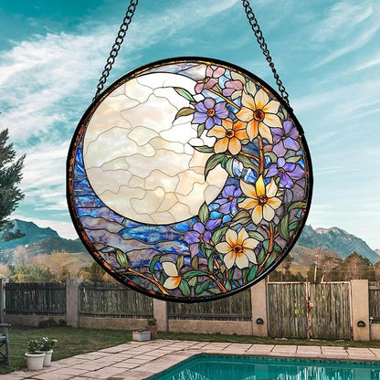 Stained Glass Window Hanging - White Purple Moon Flowers Suncatcher for Door Terrace Garden Home Decor Landscape Sun Catcher Birthday Gifts for Lovers Women Men Dad Mom Nana 9.8 in