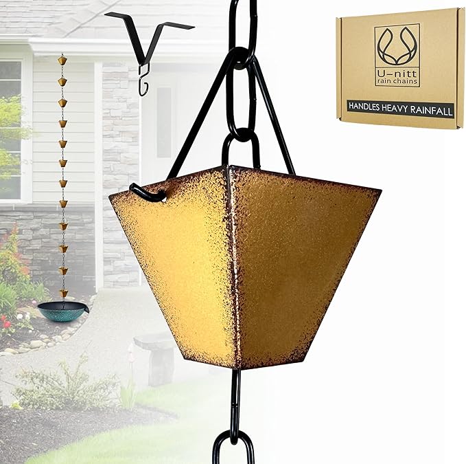 U-nitt Rain Chain Water Collection for Gutters Rainwater Catcher & Diverter, 8.5 FT Chains for Outside Garden, Golden Square Cups, Roof Downspout, Works with Heavy Rain, w/Gutter Clip for Rainchains