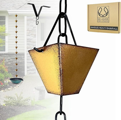 U-nitt Rain Chain Water Collection for Gutters Rainwater Catcher & Diverter, 8.5 FT Chains for Outside Garden, Golden Square Cups, Roof Downspout, Works with Heavy Rain, w/Gutter Clip for Rainchains