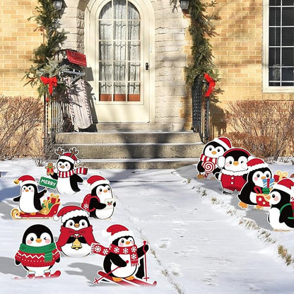 10-Piece Christmas Penguin Yard Signs with Stakes Decorations – 10 Assorted Designs 12 Inches Large Holiday Penguin Signs for Outdoor Garden and Lawn Winter Party Favor