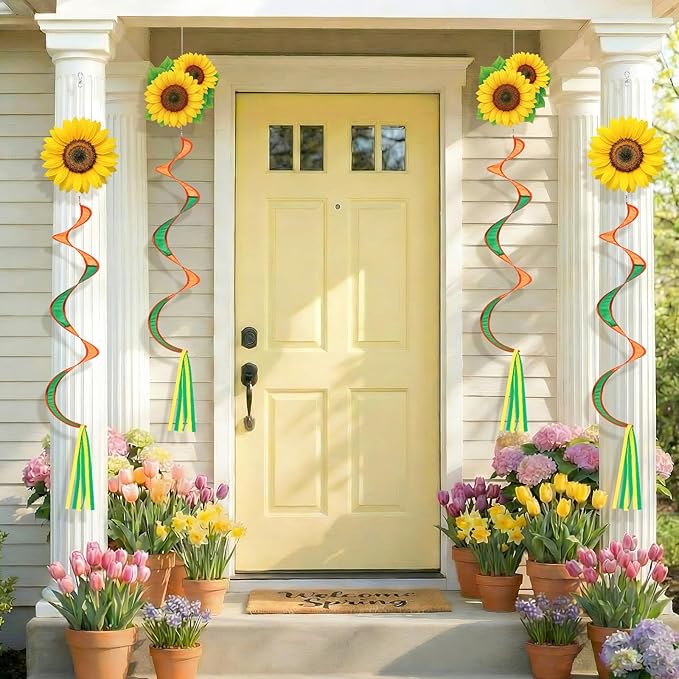 Gerrii 4 Pcs Spring Sunflower Windsock for Outside Sunflower Wind Spinner Hanging Decor Springtime Wind Twister Windmill for Yard Garden Patio Home Supply