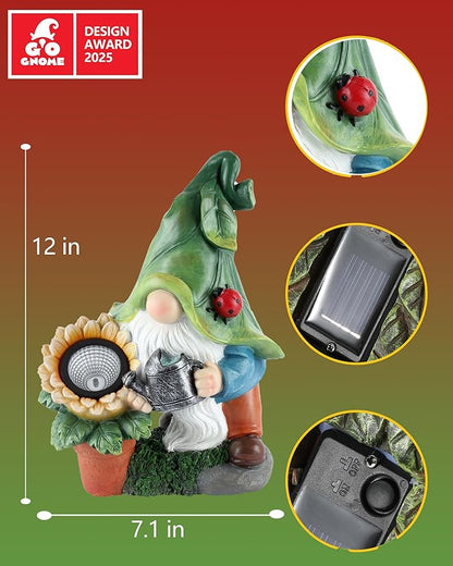 GoGnome Solar-Powered Large Garden Gnome Watering Can Sunflower - 12 in Garden Decor Gnomes Decorations for Yard Lawn Ornaments Outside Statue Figurine LED Lights (Gnome)