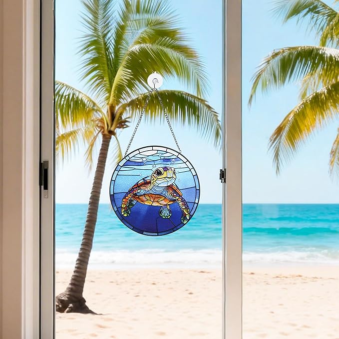 Stained Glass Window Hanging, Big Eyed Turtle Circular Painted Glass Suncatcher with Chain & Suction Cup for Home Garden Door Decor, Birthday for Women Men Mom 7.8 in