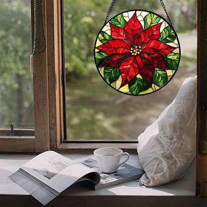 Stained Glass Window Hanging - Poinsettia Suncatcher for Door Garden Home Decor Birth Flower Sun Catcher Birthday Mother's Day for Lovers Friend Women Mom Nana 15 in