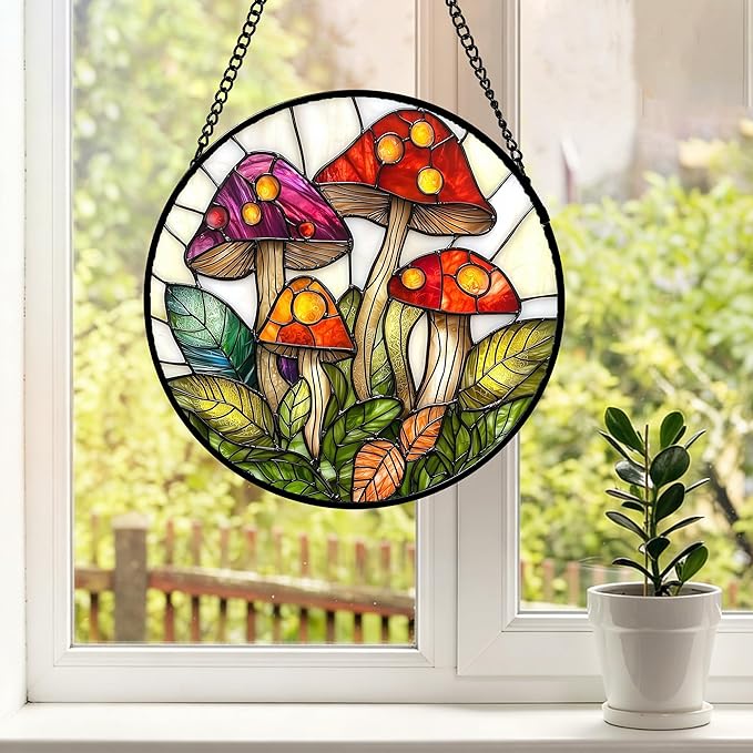 DASTOLL Stained Glass Window Hanging, Mushroom Leaves Suncatcher for Doors Home Sun Catchers Decoration and Christmas, Mother's Day Birthday Gifts for Women, Men, and Mom 14.9x14.9 in