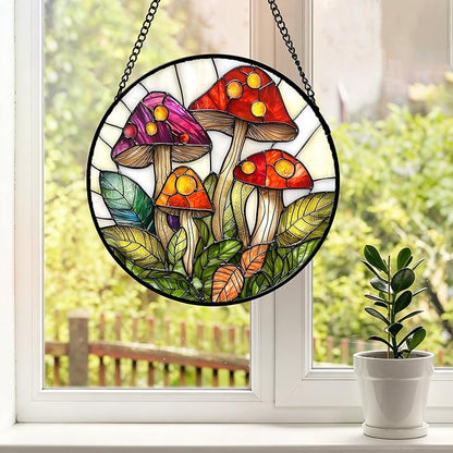 DASTOLL Stained Glass Window Hanging, Mushroom Leaves Suncatcher for Doors Home Sun Catchers Decoration and Christmas, Mother's Day Birthday Gifts for Women, Men, and Mom 14.9x14.9 in