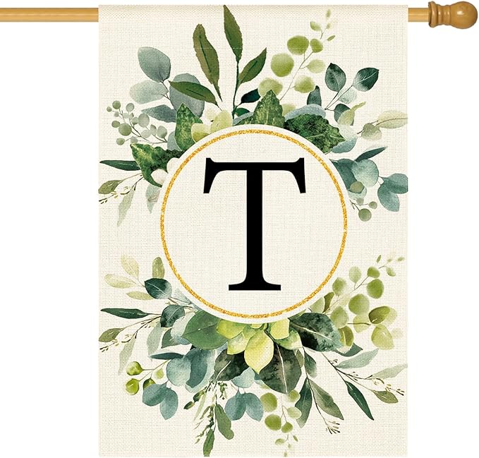 AVOIN colorlife Monogram Letter T Floral House Flag 28x40 Inch Double Sided Outside, Family Last Name Initial Yard Outdoor Decoration