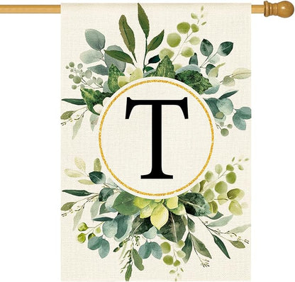 AVOIN colorlife Monogram Letter T Floral House Flag 28x40 Inch Double Sided Outside, Family Last Name Initial Yard Outdoor Decoration