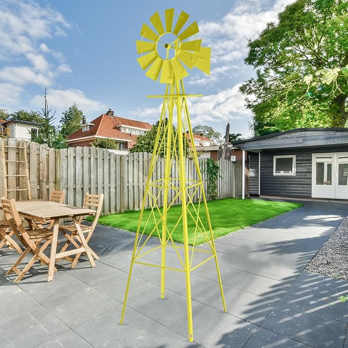 Metal Windmill for Garden Yard Decor, 8ft Tall Windmill Pinwheels Outdoor with Spinning Blades, Weather Vanes Lawn Ornaments, Weather-Resistant, Yellow